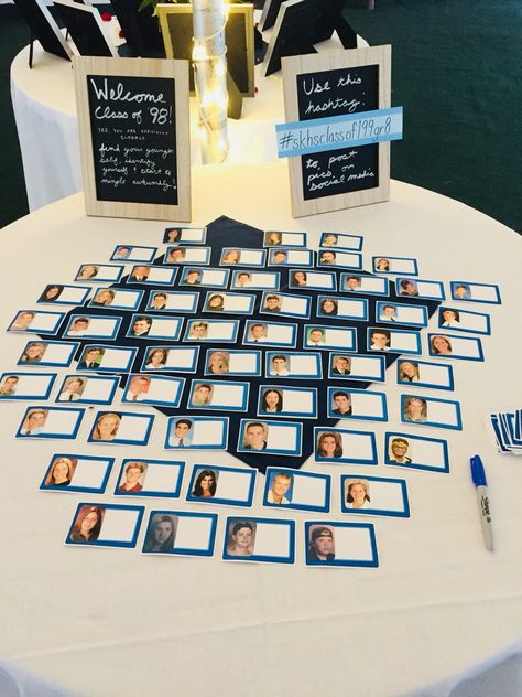 welcome name tag table with senior pictures. come up with a creative hashtag for the night. 50th Class Reunion Ideas Name Tags, Name Tag Table, Class Reunion Ideas, Reunion Name Tags, 50th Class Reunion, Class Reunion Planning, 50th Class Reunion Ideas, Ideas Name, High School Class Reunion