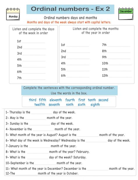 Esl Numbers Worksheets, Ordinal Numbers Worksheets Grade 2, Days And Months Worksheets, Ordinal Numbers Activities, Ordinal Numbers Worksheets, Draw Boy, Number Spelling, Worksheet For Class 2, Number Worksheet