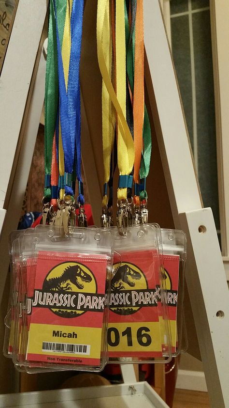 Jurassic Park Name Badges Jurassic Park Party Games Kids, Jurassic Park Table Centerpieces, Jurrasic World Birthday Party Games, Jurassic Park Jeep Diy, Jurassic Theme Party, Jurassic Park Birthday Invitations, Jurassic Park Bachelorette Party, Jurassic Park 1st Birthday Party, Jurassic Park Classroom Theme