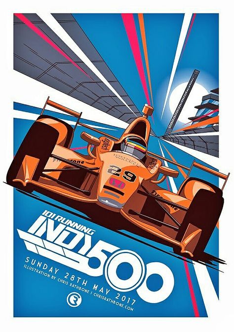 Alonso / McLaren 2017 Indy 500 poster by Chris Rathbone.  Be sure to check out Chris's artworks @R4THBONE on Twitter or CHRISRATHBONE.COM ! #McLarenIndy Auto Racing Posters, Vintage Racing Poster, Motorsport Art, Car House, Car Game, F1 Art, Car Guide, F1 Car, F1 Poster