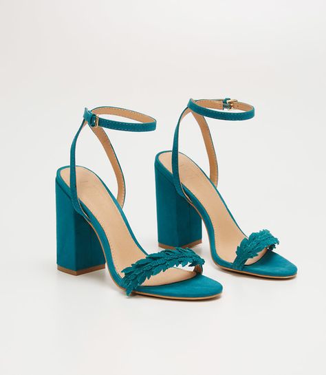 Love these Leafed Block Heel Sandals. Come in black and teal. Teal High Heels, Teal Sandals, Vans Shoes Women, Teal Heels, Fur Heels, Black Strappy Heels, Block Heel Sandals, Prom Shoes, Heel Sandal