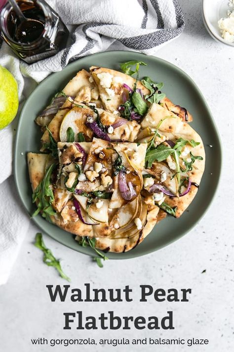 Walnut Pear Flatbread is a gourmet pizza recipe that’s super easy and delicious! This vegetarian flatbread can be made in just 20 minutes and is perfect for a Meatless Monday dinner, snack, party appetizer and more. It’s so simple to make with caramelized onions, gorgonzola and finished with balsamic glaze. Gluten free friendly and could be dairy free with a nondairy cheese. #flatbread #pears #recipe #healthy Pear Flatbread, Pizza Naan, Healthy Flatbread, Balsamic Glaze Recipes, Naan Pizza, Pear Recipes, Flatbread Recipes, Healthy Pizza, Flatbread Pizza