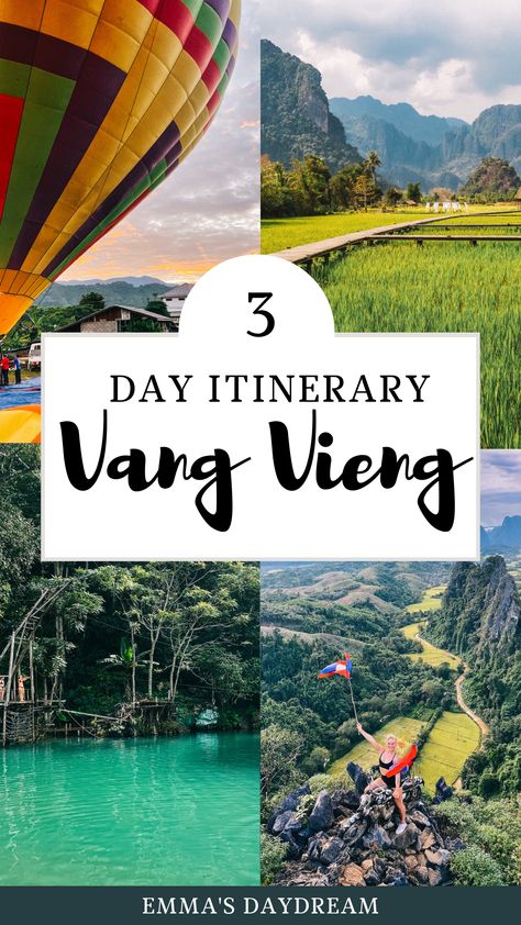 One of the best places to travel in Southeast Asia is Laos, and I recommend incorporating 3 days in Vang Vieng into your Laos Travel Itinerary. There are so many things to do in Vang Vieng, Between tipsy tubing, going in a hot air balloon, and relaxing at the blue lagoons. | Laos Travel | Vang Vieng itinerary | best things to do in Vang Vieng | Laos Travel itinerary | 10 days in Laos | Vientiane Laos | Luang Prabang | Southeast Asia Travel | Backpacking Southeast Asia Backpacking Southeast Asia, Vang Vieng, Vientiane Laos, Laos Travel, Vientiane, Luang Prabang, Epic Photos, Air Balloon Rides, Asia Travel Guide