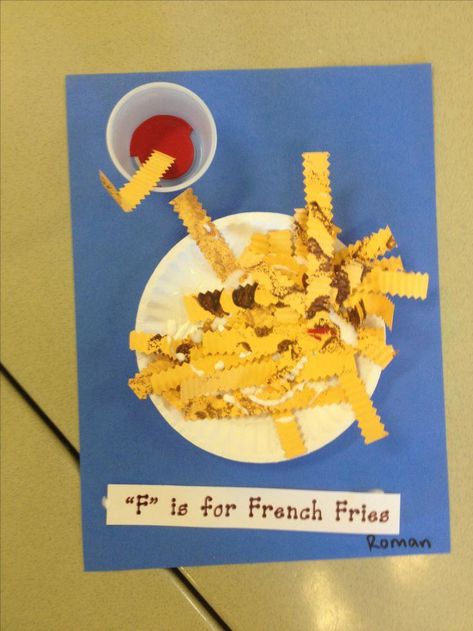 "F" is for French Fries.  Preschool craft #learnfrenchforkidslessonplans C Is For Cupcake Preschool Craft, Cheeseburger Craft Preschool, V Is For Vegetable Crafts, K Snacks Preschool Letter, Pizza Art And Craft For Preschool, Letter F Craft, Abc Crafts, Preschool Projects, Alphabet Crafts