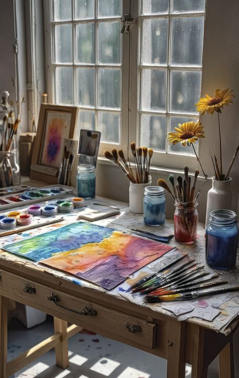 Gouache Room Painting, Painter Studio Aesthetic, Painting Equipment Tools, Artist Table Aesthetic, Painter Room Ideas, Worktable Aesthetic, Sun Porch Art Studio, Drawing Desk Aesthetic, Drawing Tools Aesthetic