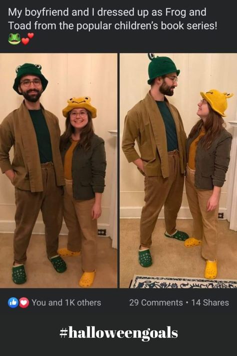 Mr Frog And Mr Toad Costume, Frog And Toad Couples Costume, Frog And Toad Cosplay, Frog And Toad Halloween Costume, Silly Couples Costumes, Nonbinary Halloween Costumes, Couple Costume Ideas Unique Diy, Queer Couples Costumes, Frog And Toad Costume Diy