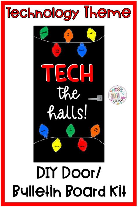 Technology Decorations Classroom, Computer Class Bulletin Boards, Technology Classroom Door Ideas, Tech Bulletin Board Ideas, Technology Door Decorations, Elementary Computer Classroom Decor, Technology Decorations Ideas, Computer Lab Door Ideas, Technology Bulletin Boards Elementary