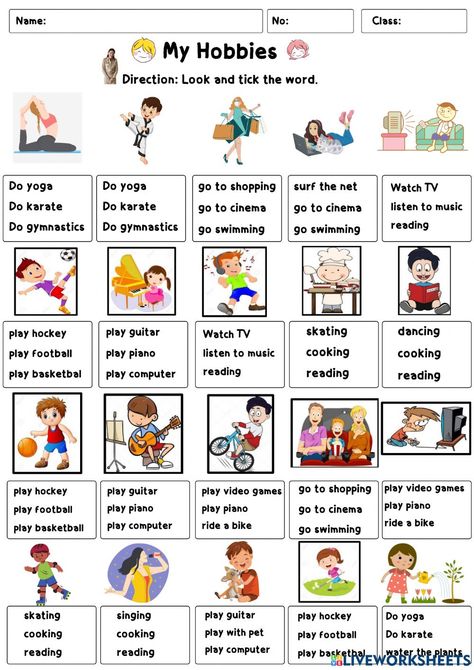 Esl Hobbies Worksheet, Hobbies Worksheet English, Hobbies Worksheet For Kids, Free Time Activities, Family Worksheet, Time Activity, English Activities For Kids, English Worksheet, Hobbies For Kids