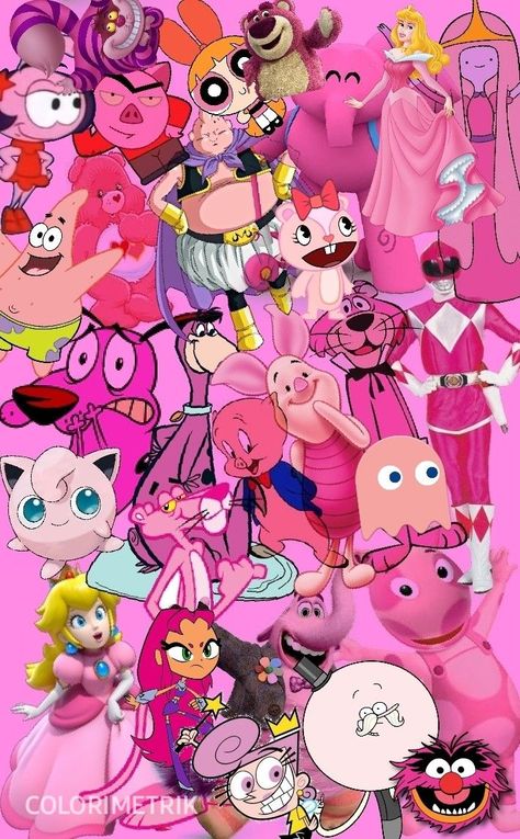 Iconic Pink Characters, Pink Cartoon Characters Aesthetic, Pink Haired Cartoon Characters, Pink Animated Characters, The Pink Character In Movies, Purple Cartoon Characters Aesthetic, Pink Haired Characters Halloween, Pink Hair Cosplay Characters, Pink Hair Character Cartoon