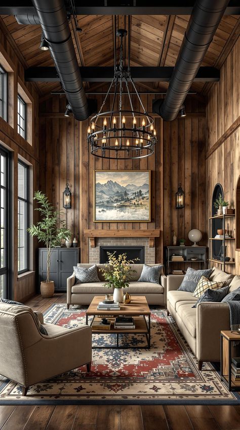 Industrial Farmhouse Living Room Industrial Chic Living Room, Vintage Industrial Living Room, Rustic Industrial Living Room, Farmhouse Industrial Decor, Industrial Rustic Decor, Chic Living Room Ideas, Industrial Lounge, Industrial Farmhouse Living Room, Rustic Chic Living Room