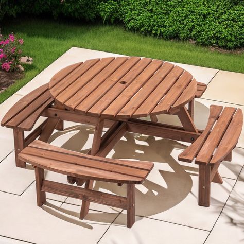 Round Outdoor Dining Set, Round Picnic Table, Wooden Picnic Tables, Folding Picnic Table, Octagon Table, Backyard Picnic, Share Happiness, Patio Bar Set, Built In Bench