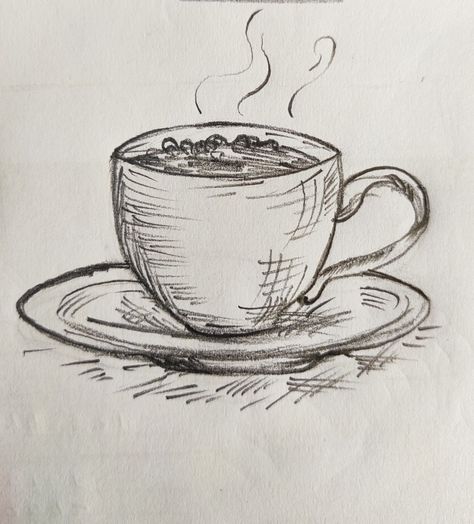 Teacup Sketch Drawings, Morning Drawing Art, Tea Cup Sketch, Coffee Mug Sketch, Object To Draw, Drink Sketch, Tea Sketch, Drawing Cafe, Cup Sketch