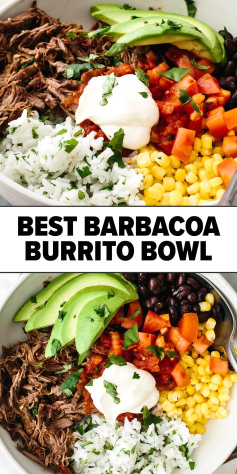 Barbacoa burrito bowl Leftover Barbacoa Ideas, Barbacoa Salad, Beef Power Bowls, Summer Dinner Recipes For Kids, Barbacoa Leftovers Recipes, Barbacoa Meal Ideas, Barbacoa Dinner Ideas, Mexican Bowls Healthy, Slow Cooker Burrito Bowl