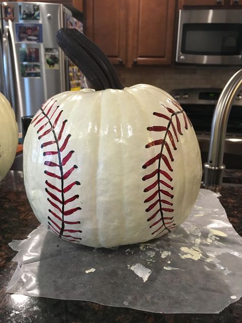 #Baseballpumpkin #paintedpumpkins Baseball Painted Pumpkins, Phillies Pumpkin Painting, Baseball Pumpkin Painting, Elvis Pumpkin Decorating, Baseball Pumpkins Ideas, Pharmacy Pumpkin, Baseball Pumpkin Carving, Spiderman Pumpkin Painting, Hockey Pumpkin