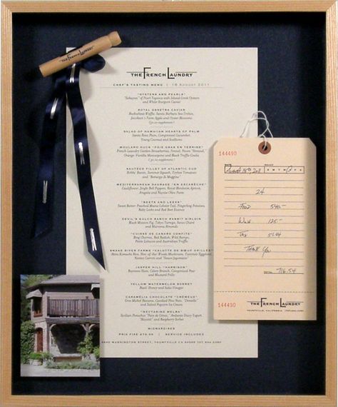 The French Laundry restaurant menu with details in a Bradley's custom frame Framed Menus Kitchen, The French Laundry Restaurant, Caviar Dinner, French Laundry Restaurant, Menu Wall, The French Laundry, Couple Stuff, French Laundry, Valentine Dinner