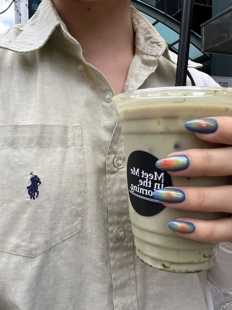 Matcha latte, Ralph Lauren shirt, heatmap nails Heatmap Nails, Heat Signature Nails, Infrared Nails, Heat Map Art, Heat Map Nails, Heat Nails, Map Nails, Thermal Nails, Heat Map