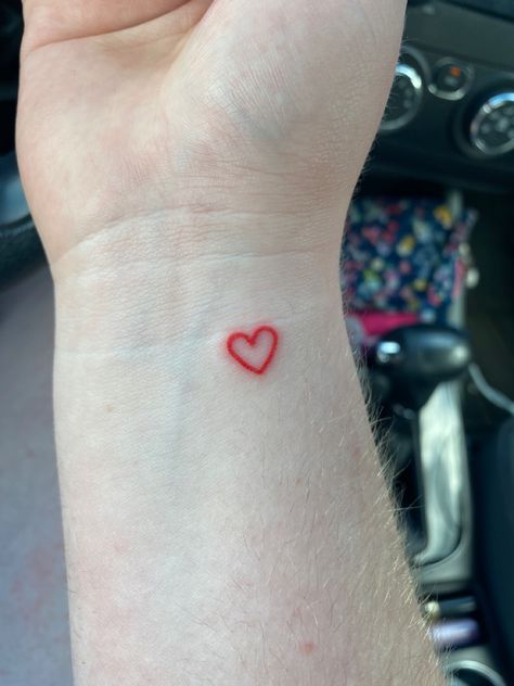 Red Ink Minimalist Tattoo, Solid Red Heart Tattoo, Colour Heart Tattoo, Tiny Red Ink Tattoo, Colored Heart Tattoo, Heart Emoji Tattoo, Subtle Gay Tattoo, Heart Tattoo Color, Small Red Heart Tattoo