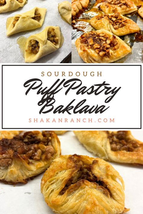 Sourdough Puff Pastry Baklava is a delicious greek dessert made with homemade buttery puff pastry for a base topped with walnuts, honey, and cinnamon. The perfect treat to surprise someone special. This recipe makes enough to share with a group of people or bring to any potluck.  I love the traditional baklava especially if it’s homemade. This recipe is a step up with single servings and comes together a lot faster with that same delicious taste. Sourdough Baklava, Puff Pastry Baklava, Sourdough Bread Benefits, Easy Sauerkraut Recipe, Sourdough Desserts, Homemade Sweetened Condensed Milk, Chicken Bacon Alfredo, Greek Dessert, Bread Roast