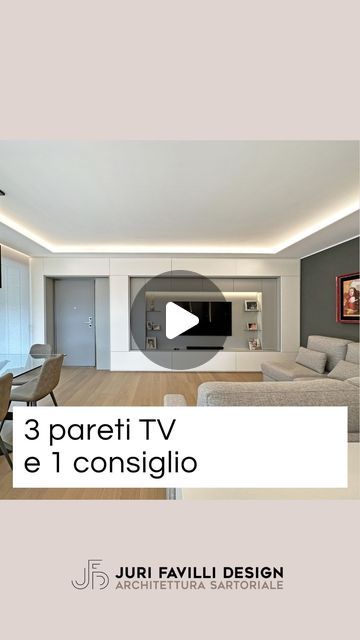 Juri Favilli | Architetto | Interior Designer on Instagram: "3 pareti TV che ho progettato e 1 CONSIGLIO!

Parete TV – Attico Luciana
È la parte conclusiva di un gesto d’interior design che io ho chiamato Furniwall, ovvero pareti attrezzate che fondono mobili (forniture) e muri (Wall). In questo caso una Furniwall TV minimal con passe-partout contenitiva in laccato bianco e sfondato centrale con boiserie in legno di rovere che nasconde integrandola a porta che conduce in zona notte 🚪.

Parete TV – Casa Marta
Un gesto univoco che nasconde e integra la porta d’ingresso creando una Furniwall TV importante, moderna e con tanto contenimento che fa da cornice 🖼️.

Parete TV – Casa Paola
Una Furniwall TV che è una vera e propria libreria a giorno, in parte bifacciale che funge da parapetto e vo Cornice Tv, Cornice, Interior Designer, Interior Design, Tv, On Instagram, Design