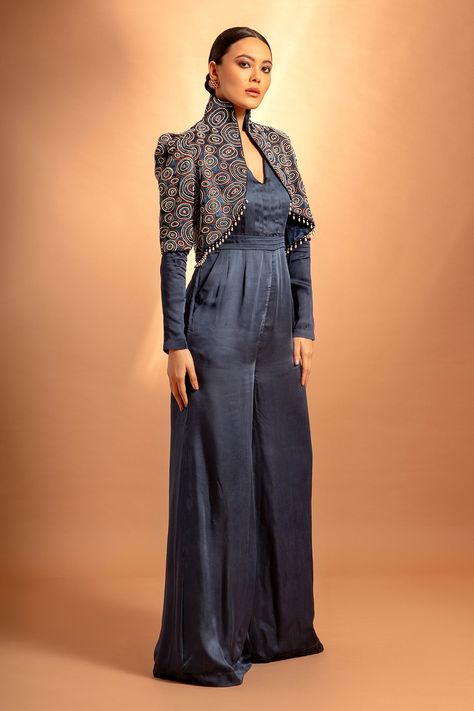 Shop for these amazing collections of Blue Pure Satin Crepe Embellished Jacket Ajrak Pleated Jumpsuit With For Women by Sejal Kamdar online at Aza Fashions. Jumpsuit With Jacket, Indo Western Outfits For Women, Designer Dresses Elegant, Embroidered Jumpsuit, Pleated Jumpsuit, Latest Dress Design, Indian Dresses Traditional, Embellished Jacket, New Address