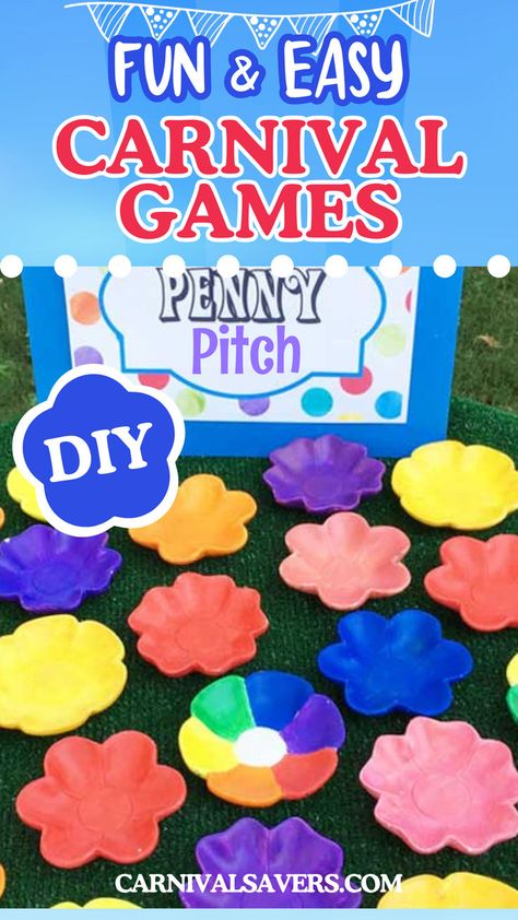 image shows close up of fun and easy carnival game - penny pitch with painted flower bowls Easy Carnival Games, Fundraising Carnival, Fall Carnival Games, School Carnival Games, School Fall Festival, Diy Carnival Games, Fall Festival Games, Carnival Games For Kids, Diy Yard Games