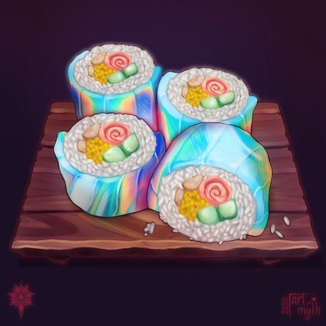 Skyrim Food, Rainbow Roll, Watercolor Food Illustration, Fantasy Food, Food Artwork, Food Fantasy, Food Illustration Art, Rainbow Fish, Pretty Drinks