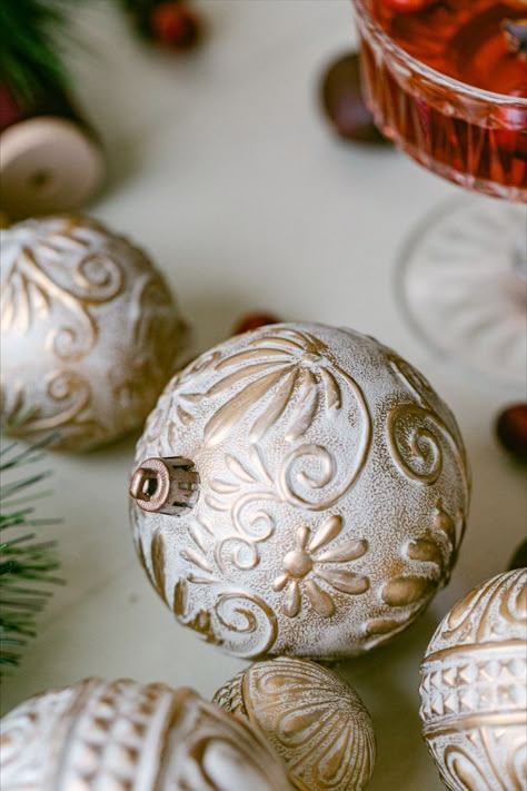 I saw ornaments very similar to these on Pottery Barn's website and they were $50, so I decided to make my own for a fraction of the cost! Watch the full DIY tutorial!! + 5 more Christmas Ornaments DIYs. #christmasornaments #victorianchristmasornaments #christmasornaments2022 #christmas2022 @diychristmasornaments Aesthetic Ornaments, Vintage Christmas Balls, Diy Christmas Ball, Pottery Barn Christmas, Victorian Christmas Ornaments, Farmhouse Christmas Ornaments, Christmas Tale, Homemade Holiday, Ornament Tutorial