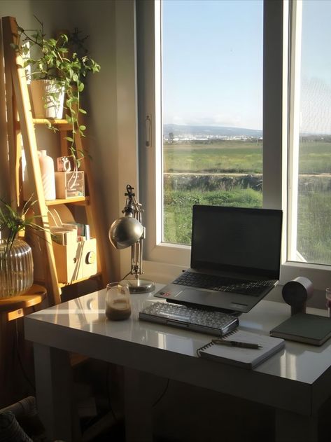 Laptop and keyboard on a desk in a serene nature landscape, creating a minimalist work/study setup Study Setup, Minimal Workspace, Up Aesthetic, Positive Environment, Peaceful Nature, Minimalist Desk, Desk Setups, Vision Board Manifestation, Work Study