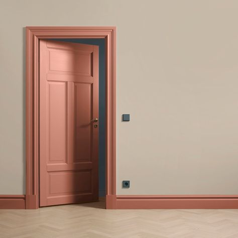 Pink Skirting Boards And Doors, Pink Baseboards And Trim, Yellow Dressing Room, Painted Door Frames And Skirting Boards, Dusty Pink Hallway, Pink Skirting Boards, Pink Doors Interior, Peachy Nursery, Pink Molding