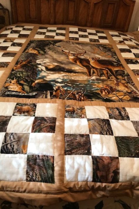 Hand made quilt with deer scene. Deer Panel Quilt Ideas, Panel Quilts Ideas Layout Patterns Free, Plaid Quilt Pattern, Jean Quilts, Camo Quilt, Deer Quilt, Wildlife Quilts, Deer Scene, Blue Jean Quilts