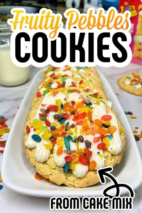 Looking for the perfect easy treat recipe for spring? Try Fruity Pebbles Cookies From Cake Mix! Using the Epic Cake Kit or Confetti box Cake Mix. These Fruity Pebbles Cookies From Cake Mix are not only easy to make but also perfect for sharing with friends and family. Whether you’re hosting a party or looking for a fun activity to do with your kids, these cookies are sure to bring a smile to everyone’s face. Fruity Pebbles Cake, Fruity Pebbles Cookies, Pebbles Cake, Fruity Pebble Cookies, Fruity Pebbles Cereal, Easy Treat, Cake Kit, Parchment Paper Baking, Cookie Calories