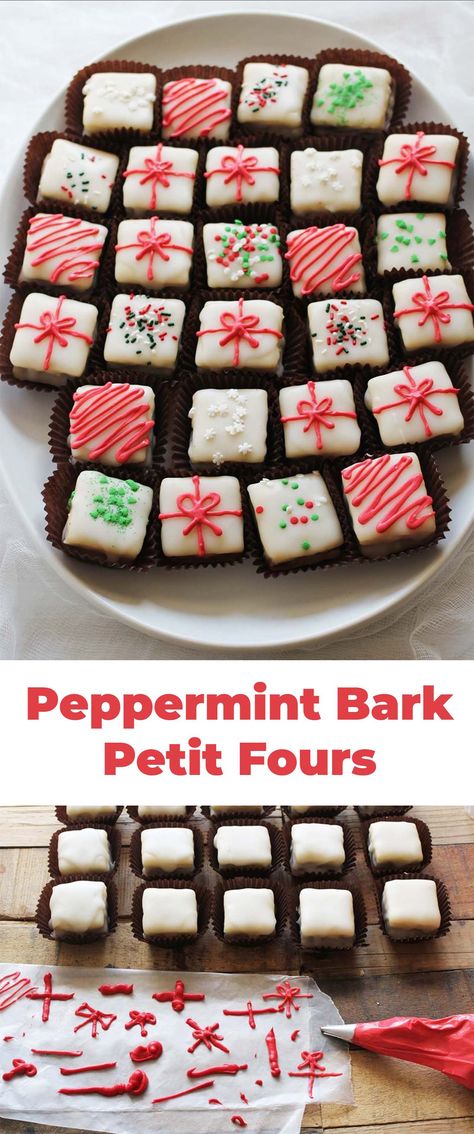 Peppermint bark petit fours #petitfours #holidaydesserts #peppermintbark Christmas Petit Fours, Cute Layers, Ghirardelli Peppermint Bark, Petit Four Recipes, Desserts Mini, Holiday Platters, Fondant Recipe, Plate Decoration, Ghirardelli Chocolate