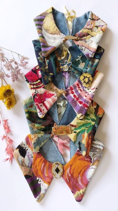 I’ve been making some gorgeous detachable collars for you guys! Each piece is completely one of kind, upcycled from vintage needlepoints… | Instagram Make Do And Mend Upcycling, Upcycle Needlepoint, Recycled Fabric Art, Miami Vibes, Textiles Art, Needlepoint Ideas, Upcycled Denim Jacket, Recycled Textiles, Make Do And Mend