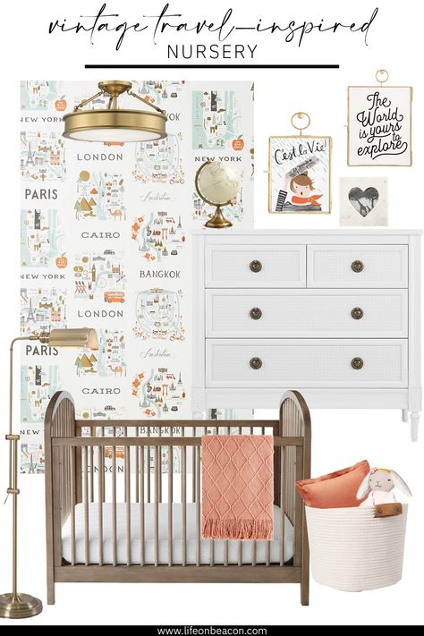 Traveler Nursery Theme, Travel Inspired Nursery, Vintage Travel Nursery, Travel Nursery Theme, Nursery Travel Theme, World Traveler Nursery, Company Wallpaper, Travel Themed Nursery, Travel Themed Bedroom