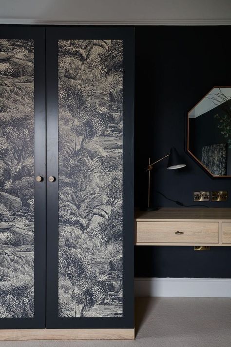 Wardrobe Wallpaper Doors, Fabric On Wardrobe Door, Dark Fitted Wardrobes Bedroom, Wallpaper On Wardrobe Shutters, Wardrobe Door Wallpaper, Dark Wardrobes Bedroom, Vinyl Wrap Wardrobe Doors, Wallpapered Wardrobe Doors, Wallpaper In Wardrobe