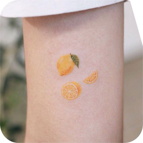 Italian Themed Tattoos, Tiny Lemon Tattoo, Fine Line Lemon Tattoo, Small Lemon Tattoo, Italian Tattoos For Women, Tattoo Trio, Lemon Tattoo, Orange Tattoo, Yellow Tattoo