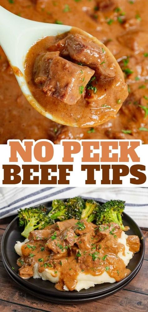 No Peek Beef Tips is a classic comfort food dish with cubes of beef cooked slowly in a delicious gravy made from cream of mushroom soup, beef broth, beef gravy mix and onion soup mix. Beefy Onion Soup Mix Recipes, Soup Beef Broth, No Peek Beef, Beef Cube Steak Recipes, Beef Gravy Mix, Steak And Potato Soup, No Peek Beef Tips, Oven Beef Stew, Dutch Oven Beef