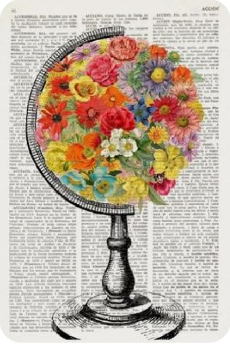 Globe Flower, Earth World, Newspaper Art, Globe Art, Theme Harry Potter, Book Page Art, Posca Art, Dictionary Art, Tableau Art