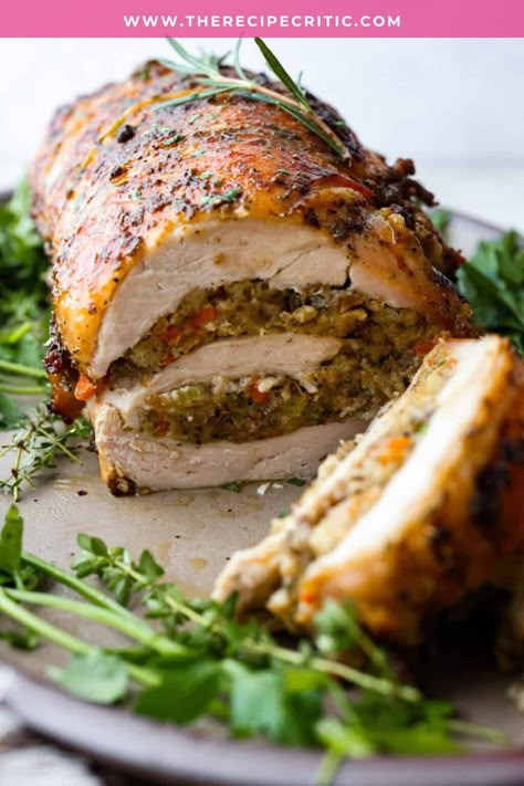 Make Turkey Roulade your new Thanksgiving tradition!  Boneless turkey breast gets flattened and rolled with sausage stuffing inside. The turkey turns out incredibly moist and is infused with your favorite Thanksgiving flavors. It takes far less time than traditional turkey and will make Thanksgiving day easy and delicious! Bacon Wrapped Roast, Stuffed Turkey Breast, Turkey Roulade, Bacon Turkey, Roulade Recipe, Stuffed Turkey, Homemade Stuffing, Sausage Stuffing, Herb Stuffing