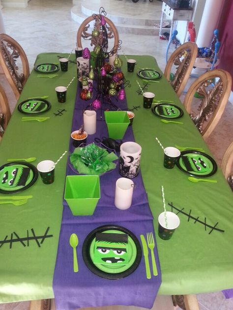 Frankenstein Party Theme Frankenstein Birthday Party, Frankenstein Party Ideas, Mummy Party, Frankenstein Party, Frankenstein Halloween Party, Monster Mash Party, Frankenstein Halloween, Monster Birthday Parties, 9th Birthday Parties