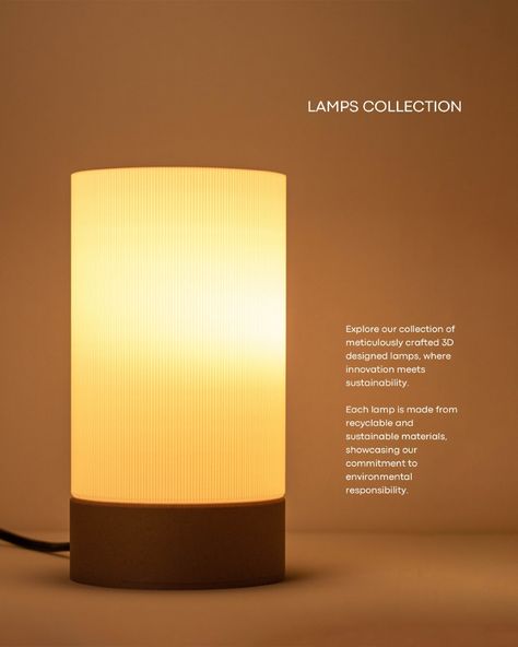 Lamps Collection. Lumina Lamp. Crafted from eco-friendly materials, this lamp features a sleek, contemporary design that adds elegance to any space. Lumina Lamp provides warm, ambient lighting, creating a cozy and inviting atmosphere while showcasing your commitment to environmentally conscious living. More information at wausdesign.com #3d #3dprinting #lamps #design #printeddesign #ecodesign Warm Ambient Lighting, 3d Printed Lamp, Lamps Design, Ed Design, 3d Lamp, Presentation Layout, Conscious Living, Led Lamps, Eco Design