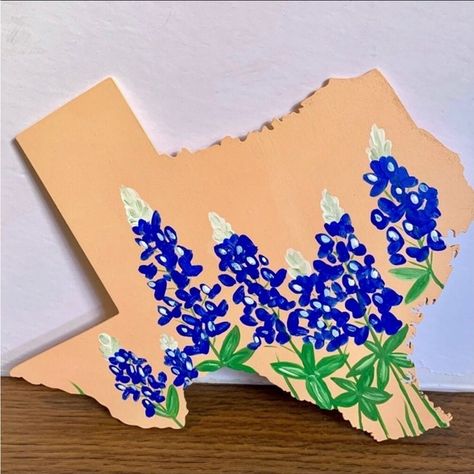 MINI TEXAS ART - Bluebonnets on Peach - Texas Wood Cutout - Wall Decor High Contrast Art, Artist Wall Decor, Texas Crafts, Rustic Farmhouse Bedroom, Bouquet Green, Contrast Art, Texas Lone Star, Custom Framed Art, Texas Cowboy