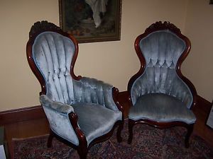 Pair of Victorian Arm Chairs by Kimball Reproductions Sky Blue Mahogany Chicago Painting Fabric Furniture, Paint Upholstery, Blue Chalk Paint, Velvet Chairs, Victorian Chair, Annie Sloan Paints, Furniture Rehab, Painted Chairs, Velvet Chair