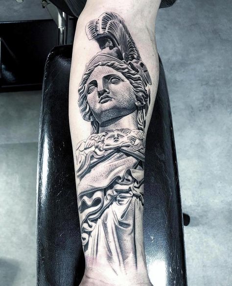 Athena Sculpture Tattoo, Athena Statue Tattoo, Athena Sculpture, Lil B Tattoo, Greece Tattoo, Athena Tattoo, Poseidon Tattoo, Statue Tattoo, Greek Mythology Tattoos