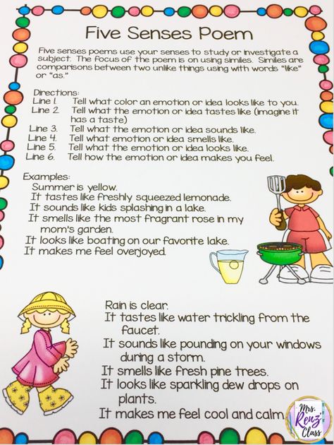 FREE 5 senses poem - plus 10 tips to help you teach poetry in the upper elementary classroom. Mrs. Renz Class. Poetry Activities Elementary, 5 Senses Poem, Third Grade Reading Activities, Elementary Poetry, School Poetry, Subject Pronouns, Verb To Be, Poetic Devices, Sequencing Pictures