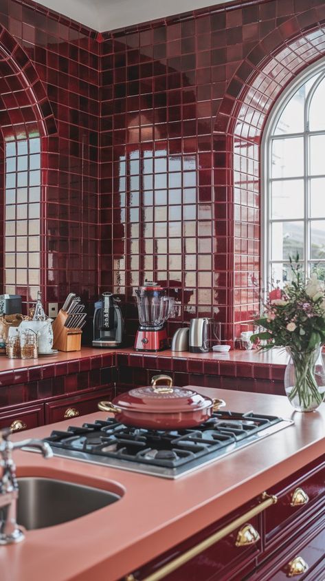 This stunning bloody red kitchen is anything but ordinary! The rich tiles and stylish utensils create a dramatic atmosphere that inspires culinary masterpieces. Get ready to turn up the heat in this vibrant space! 🌶️❤️ Burgundy Kitchen Tiles, Red House Interior, Red Tile Kitchen, Burgundy Kitchen, Vegas Club, Red Tiles, Future Kitchen, Chefs Kitchen, Red Kitchen