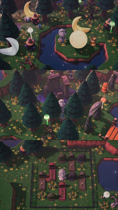 Acnh Witchy House Exterior, Haunted Forest Animal Crossing, Dark Forest Acnh Island, Animal Crossing Magical Forest, Acnh Magical Forest, Witch Aesthetic Animal Crossing, Animal Crossing Magic Forest, Animal Crossing Witch Island, Animal Crossing Dark Forestcore