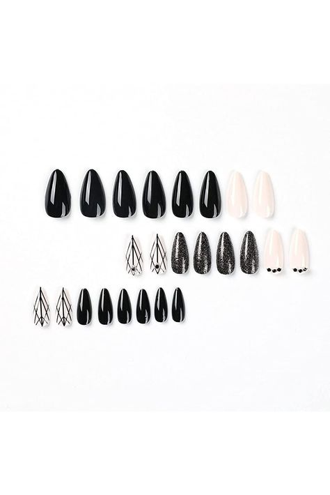 IMSOHOT Glossy Stiletto Press on Nails Medium Almond Black Fake Nails Diamond Spider Web False Nails with Deisgns Glitter Full Cover Acrylic Nails Nails Black Almond, Fake Nails Black, Press On Nails Black, Nails For Women, New Nail Art, Nails Black, Diamond Nails, Birthday Nails, Girls Nails