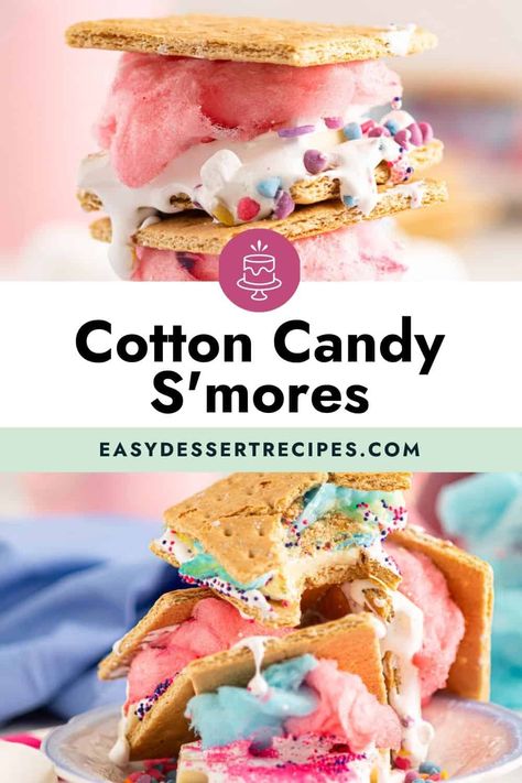 Make the most delicious s'mores you’ve ever tasted with this recipe for Cotton Candy S'mores. It’s the combination of flavors from two easy dessert recipes that will blow you away! Cotton Candy Recipe, Fall Desserts Thanksgiving, Smore Recipes, Easy Dessert Recipes, Summer Dessert Recipes, Sweet Snacks Recipes, Candy Desserts, Easy Dessert, S Mores