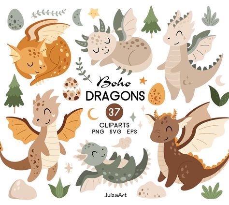 Dragon Svg, Dragon Clipart, Boho Clipart, Dragon Kid, Cute Dragon, Vector Elements, Dragon Girl, Nursery Poster, Dragon Egg